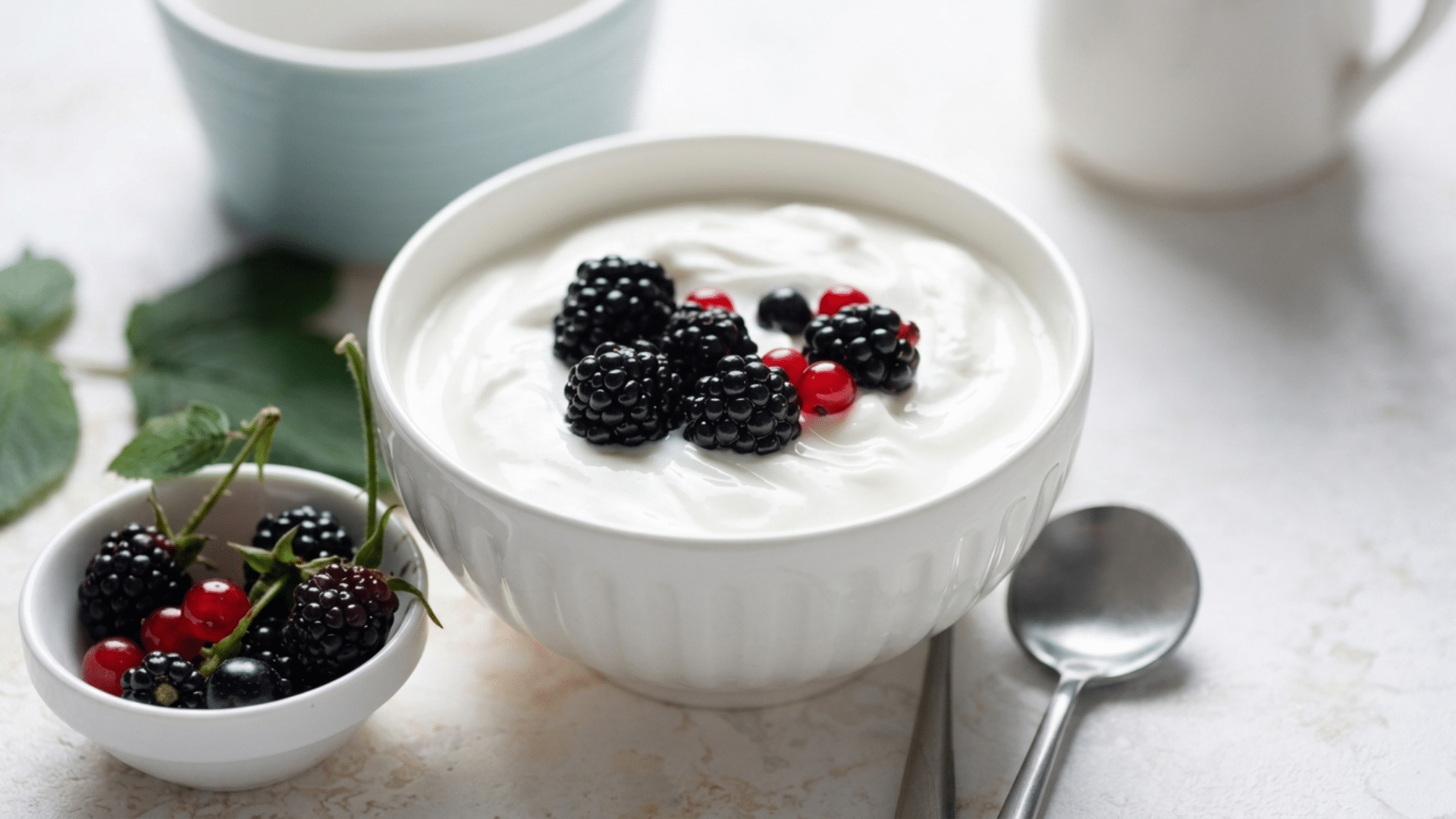 a close up of a white fluted bowl filled with creamy yogurt and topped with fresh blackberries and small red berries