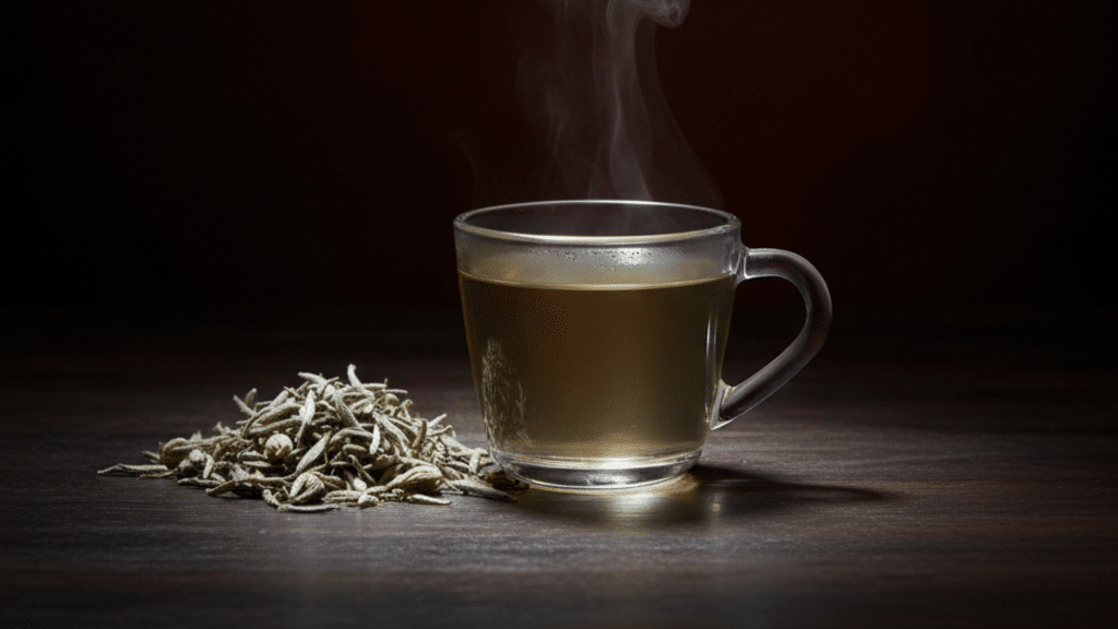 clear glass mug of brewed white tea with steam rising and dried white tea buds on a dark wooden surface R