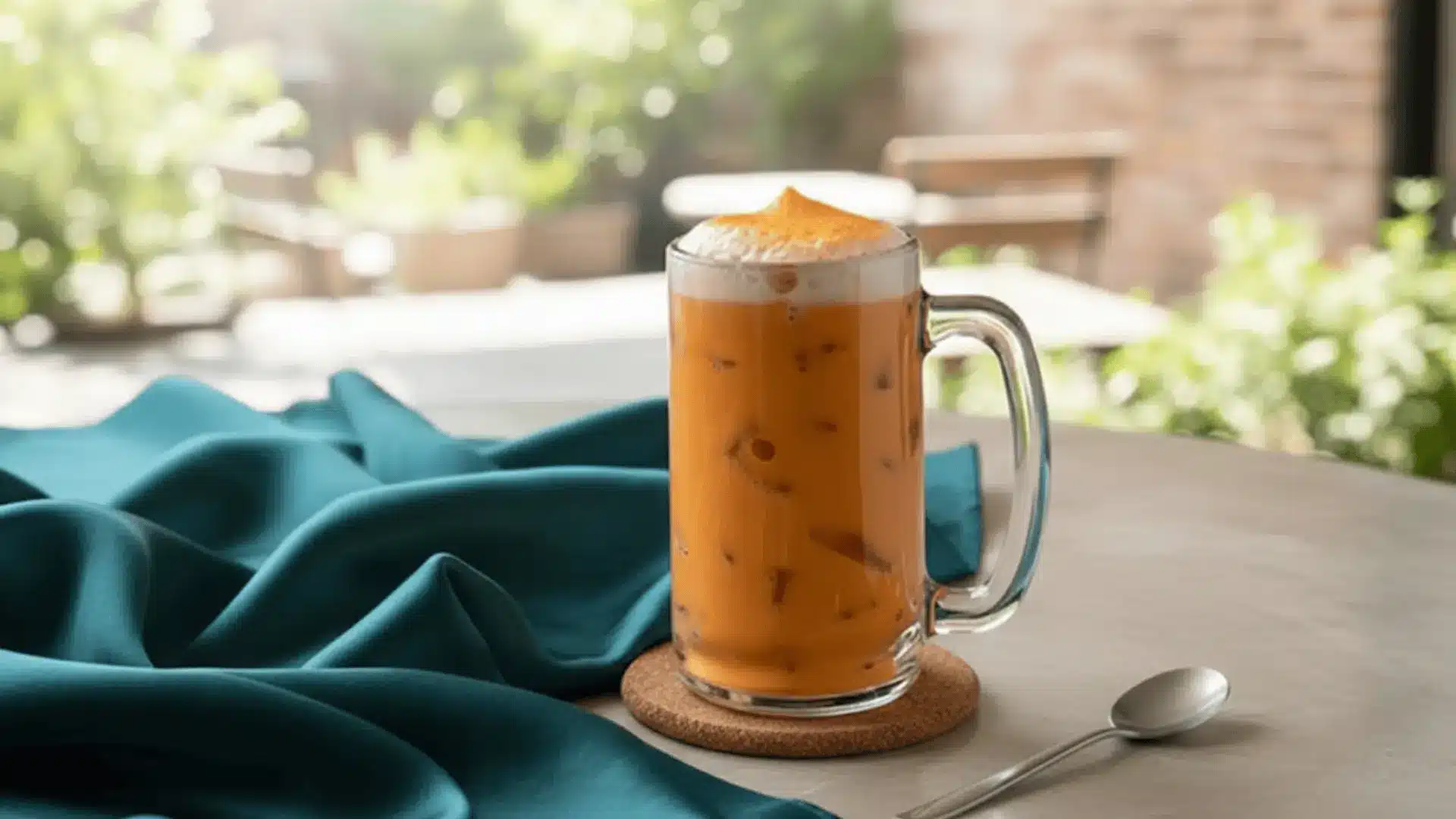glass of creamy thai iced tea with ice cubes on a wooden table beside a spoon and teal cloth in soft natural daylight outdoors