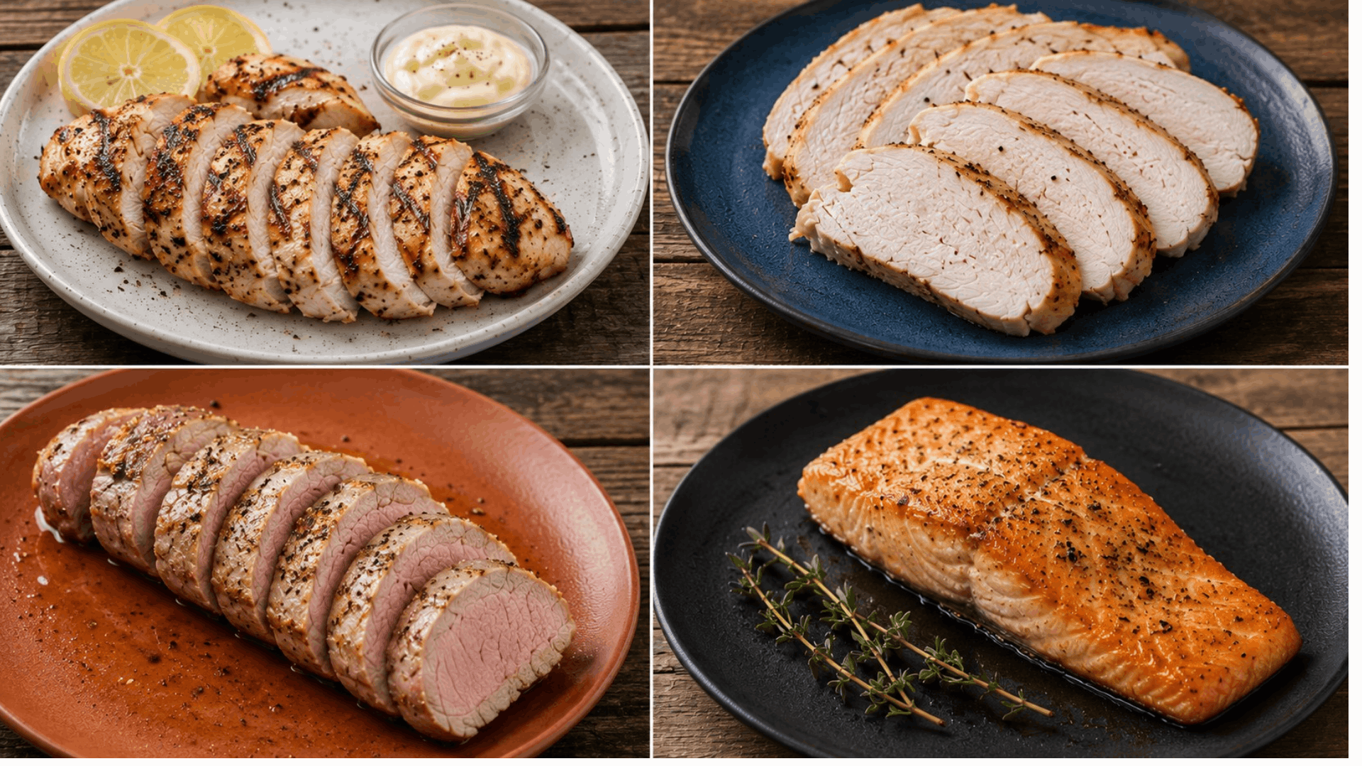 grilled chicken turkey breast pork tenderloin and salmon displayed as highest protein meat comparison on plates (1)