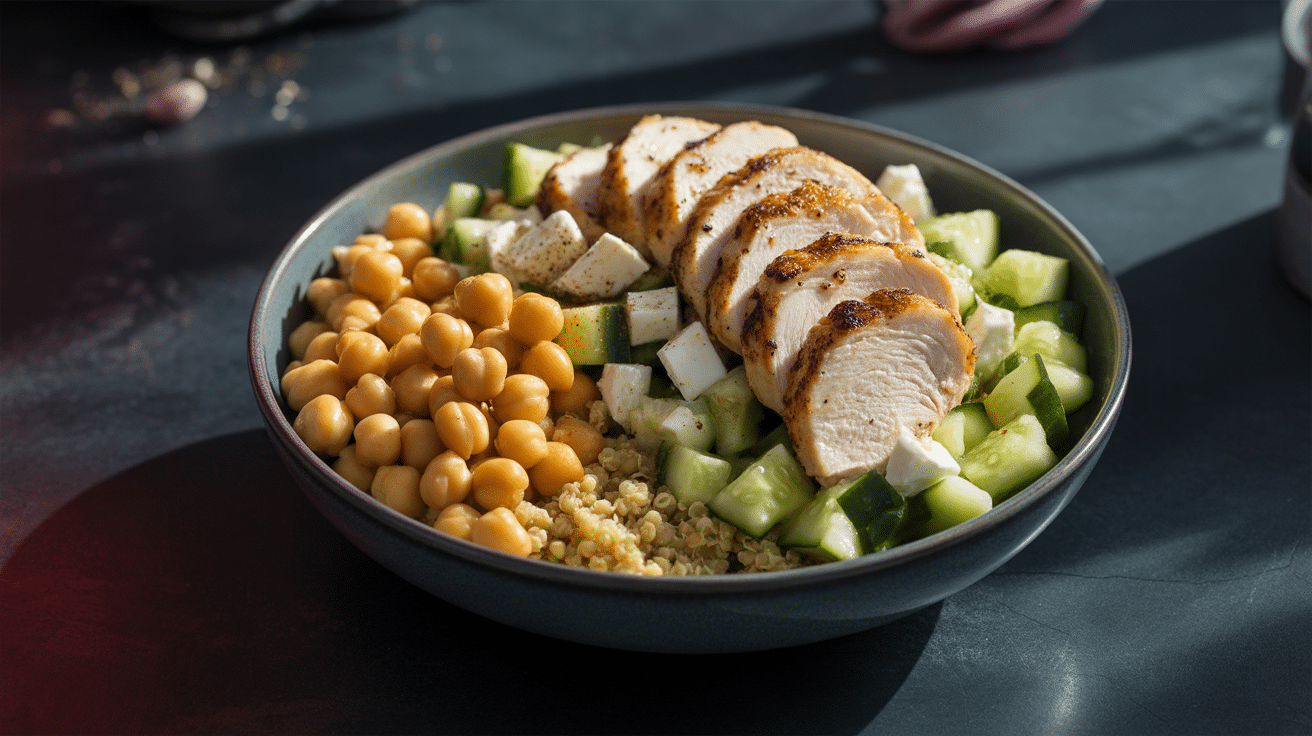 high-Protein lunch bowl chickpea cucumber feta salad