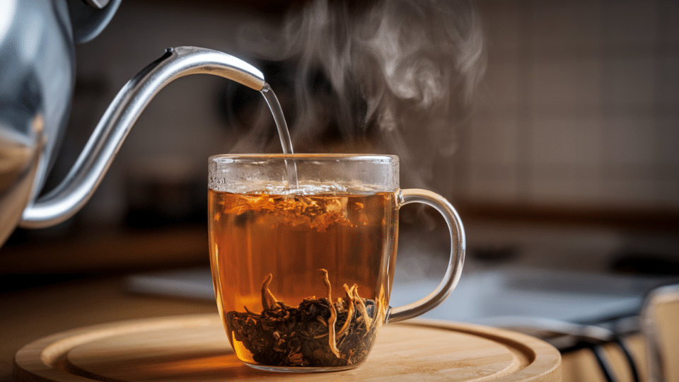 hot water pouring into clear mug with loose earl grey tea leaves steeping at bottom on wooden serving tray