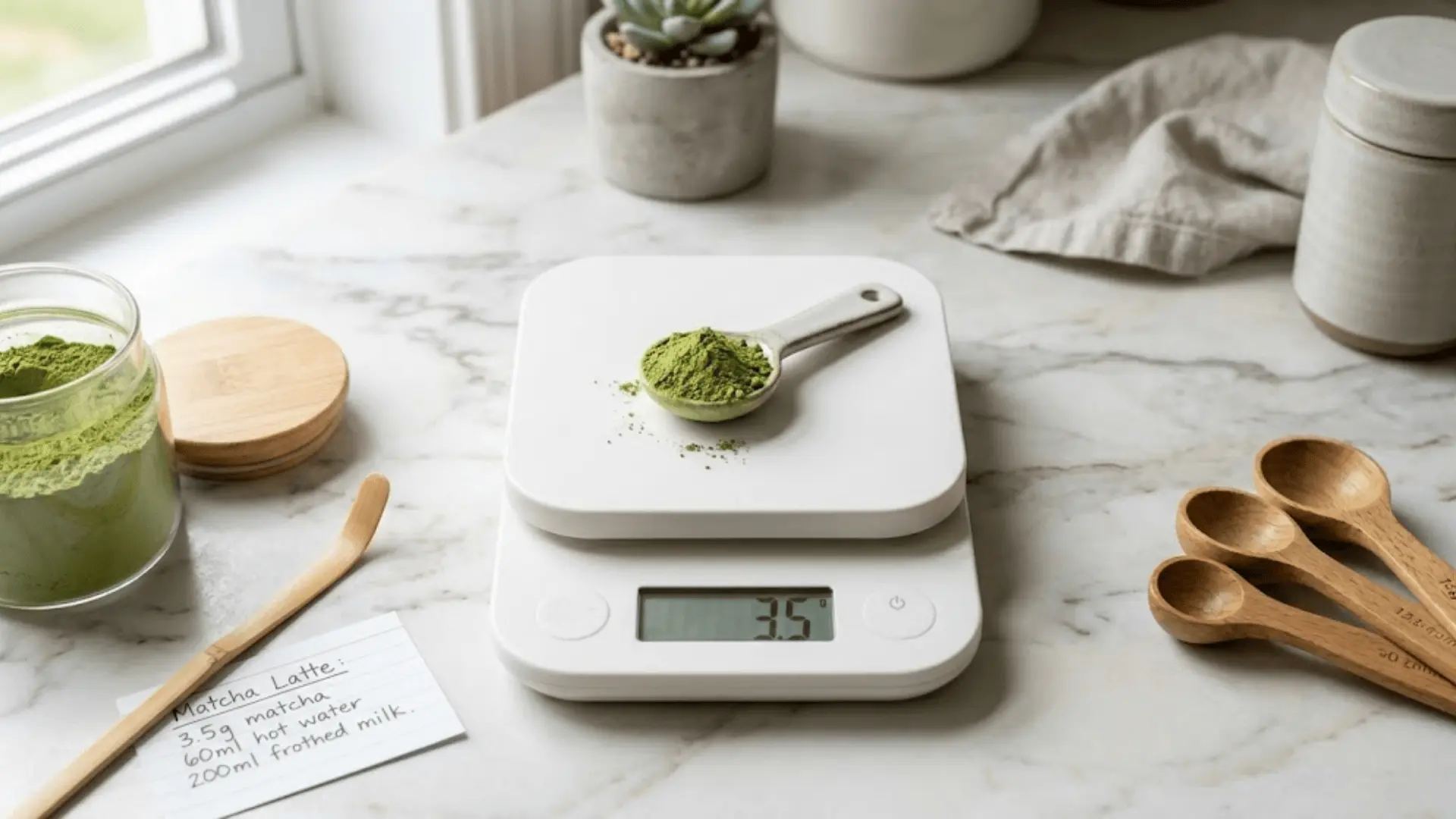 matcha powder measured on a kitchen scale beside a glass of matcha and wooden spoons on a bright counter