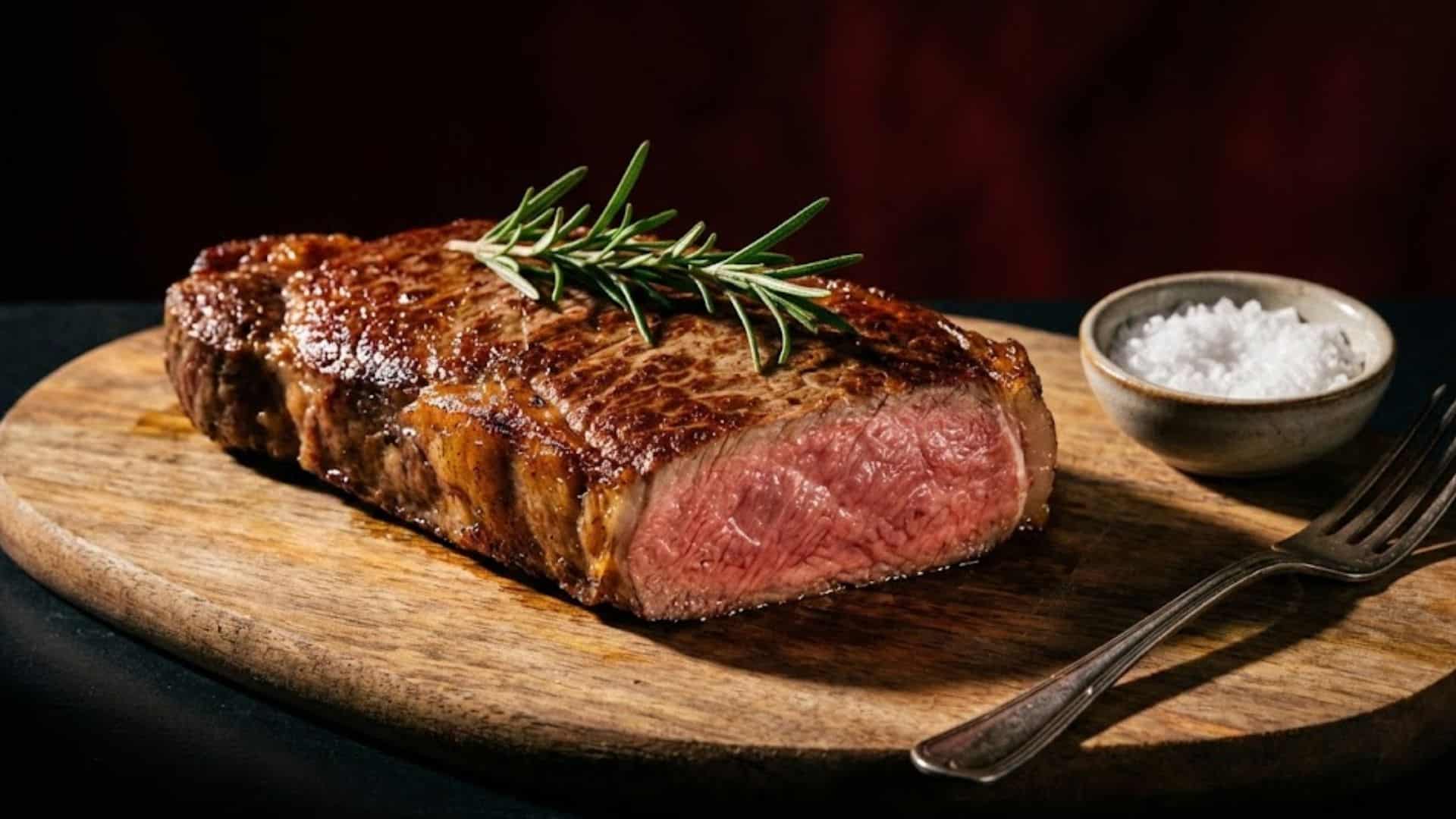 medium-rare ribeye steak with rosemary on wooden board served with sea salt and fork on dark background Reply
