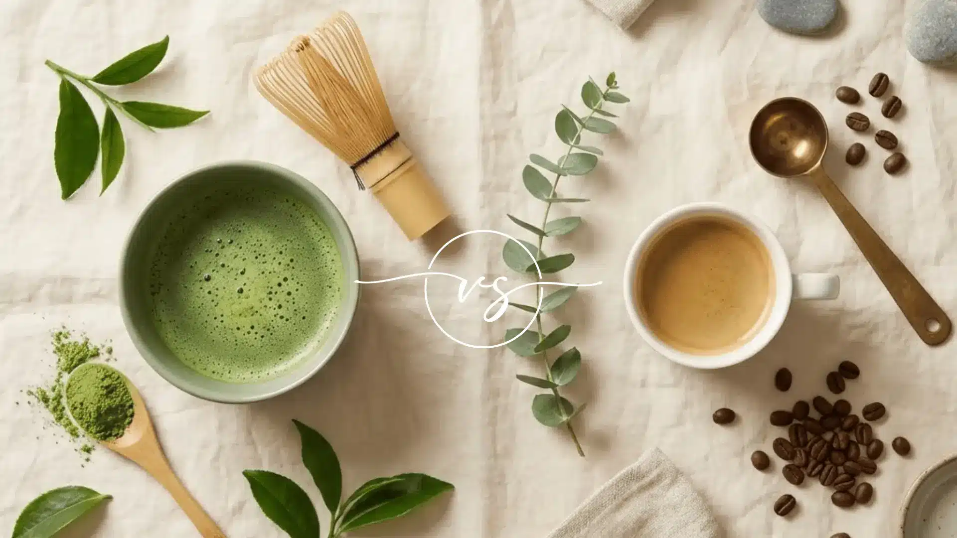 overhead view of matcha tea, bamboo whisk, coffee cup, leaves, spoons, and coffee beans on a light cloth