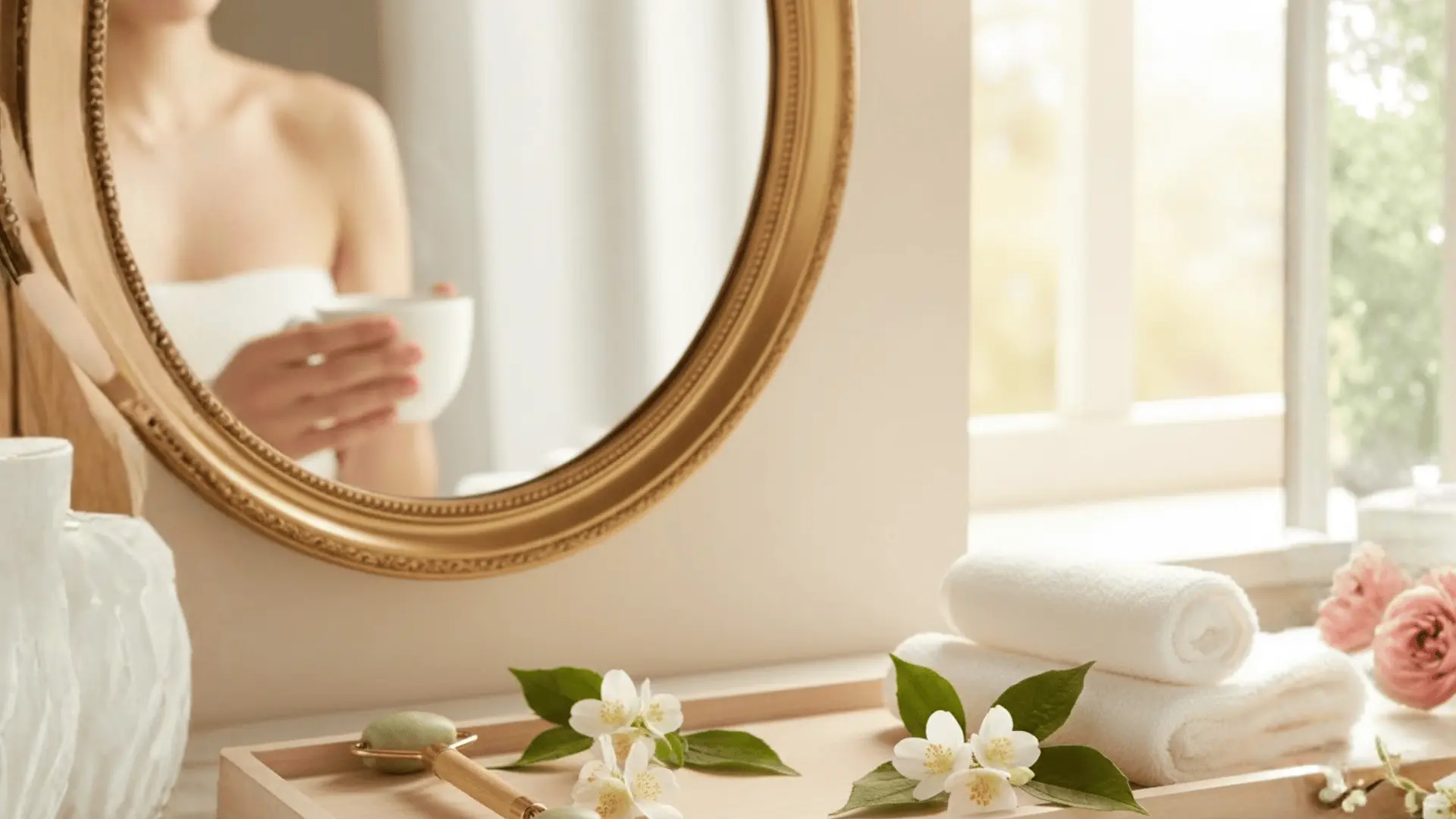 person holding jasmine tea reflected in a round mirror with flowers towels and soft bathroom light