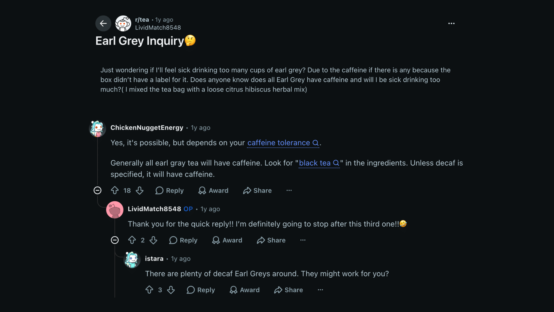 reddit discussion about earl grey tea caffeine with users explaining about its caffeine content