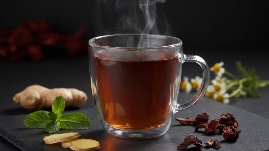 cup of herbal tea with ginger mint and dried flowers, showing tea for bloating and weight loss support