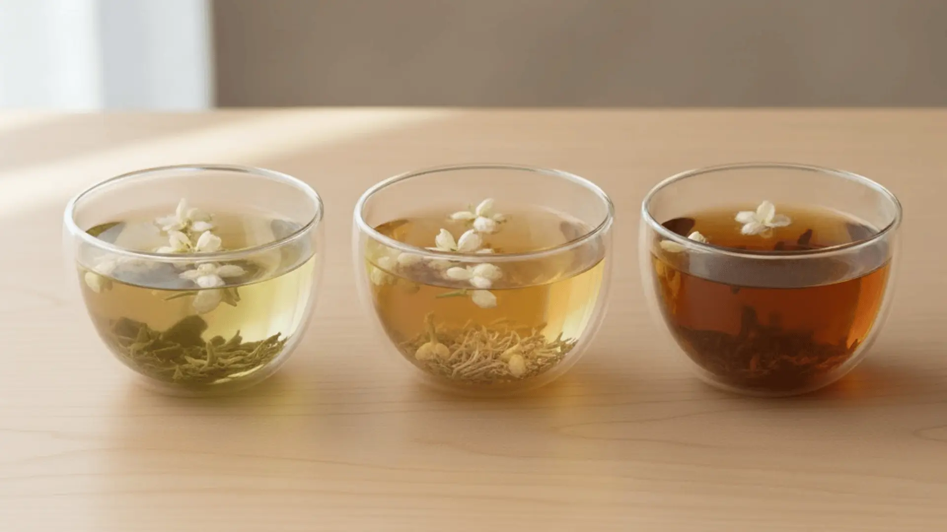 three cups of jasmine tea in light medium and dark brews with small white flowers floating on top
