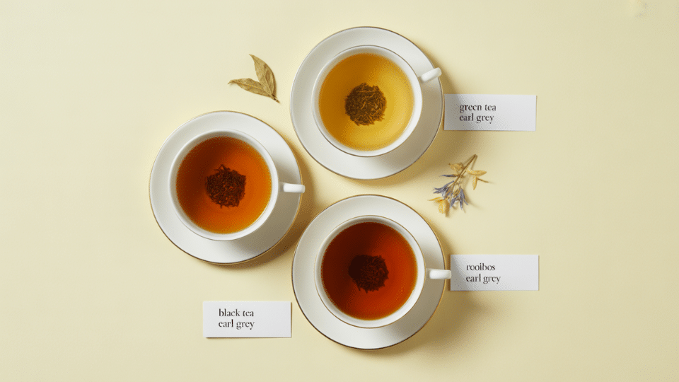 three earl grey tea varieties with black tea, green tea, and rooibos bases displayed on a light background