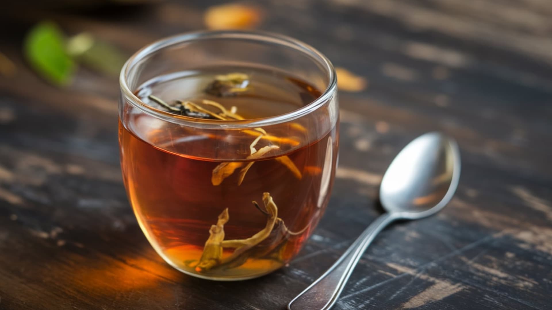unsweetened tea in glass cup warm natural beverage close up calm minimal wellness style