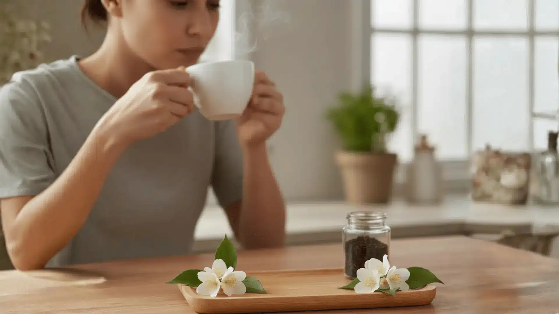 woman sipping jasmine tea at a wooden table with white flowers and tea set near a bright kitchen window
