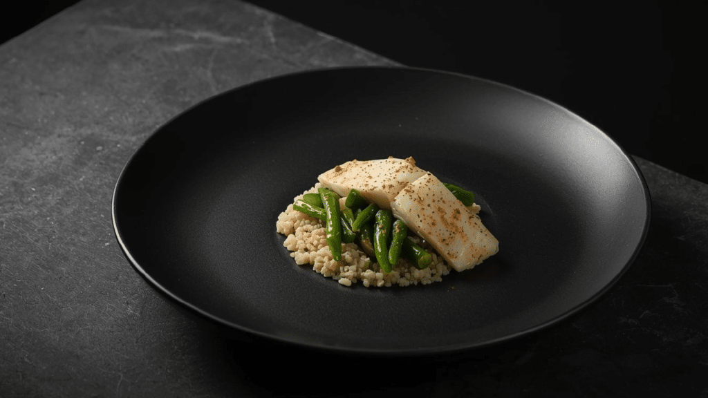 black plate with seasoned grilled white fish fillet served over brown rice and fresh green beans on a stone counter