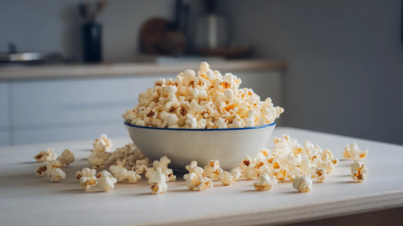 Bowl of freshly popped popcorn with scattered kernels on a white table surface.