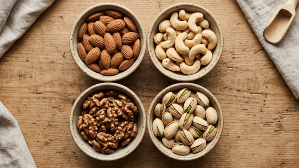 bowls filled with almonds cashews walnuts and pistachios showing healthy low calorie nuts for nutritious everyday snacking