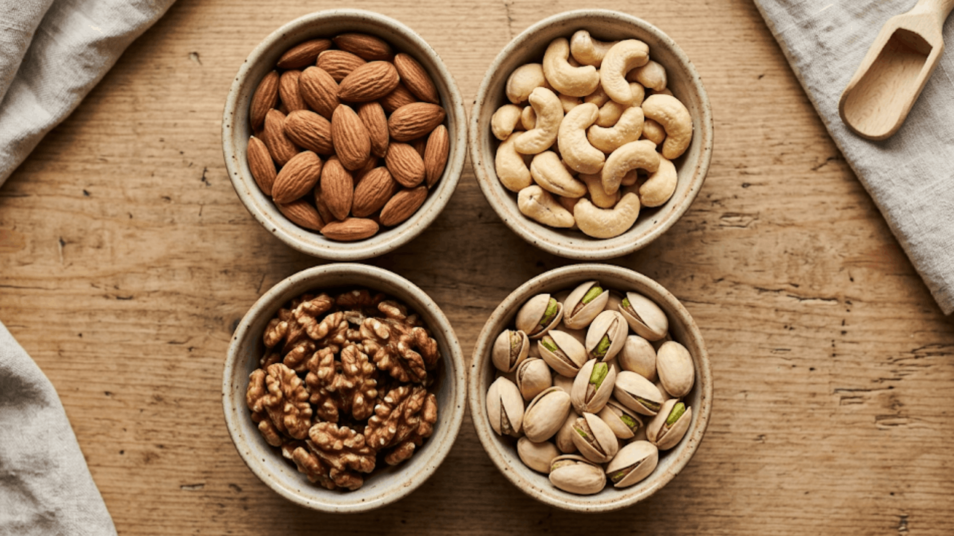 bowls filled with almonds cashews walnuts and pistachios showing healthy low calorie nuts for nutritious everyday snacking
