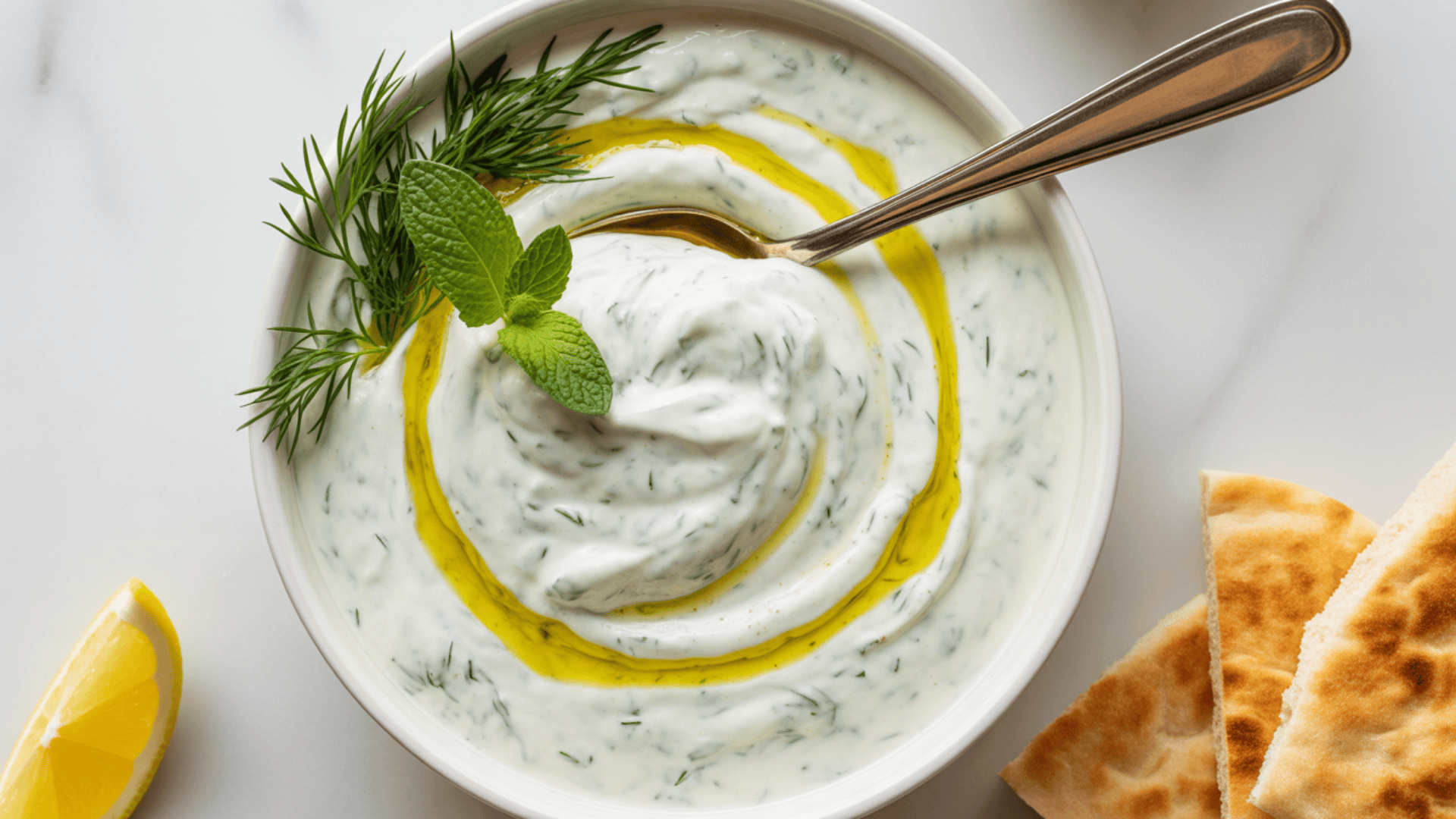 creamy herb yogurt dip with olive oil swirl, fresh mint and dill, served with warm pita and lemon.
