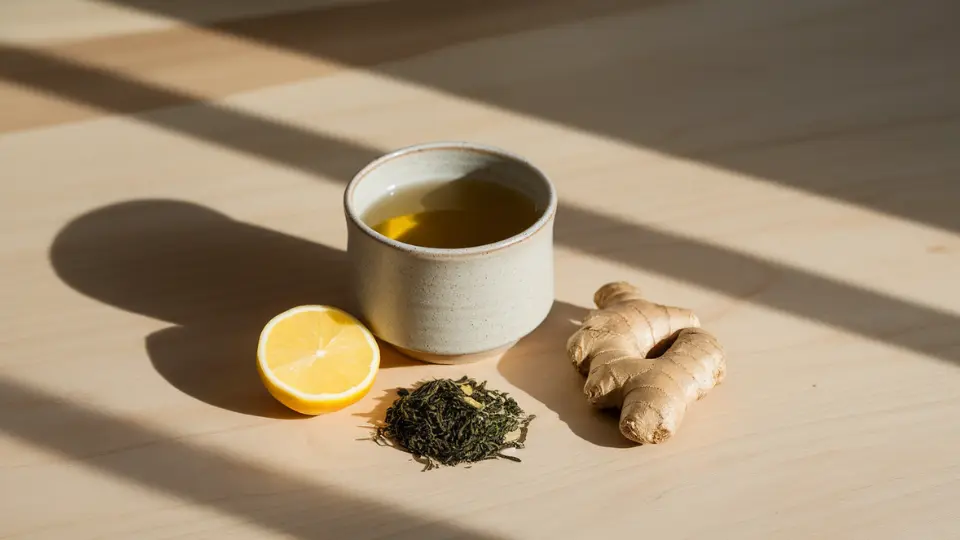 cup of green tea with lemon loose leaves and ginger on a sunlit wooden table for a hydration blog