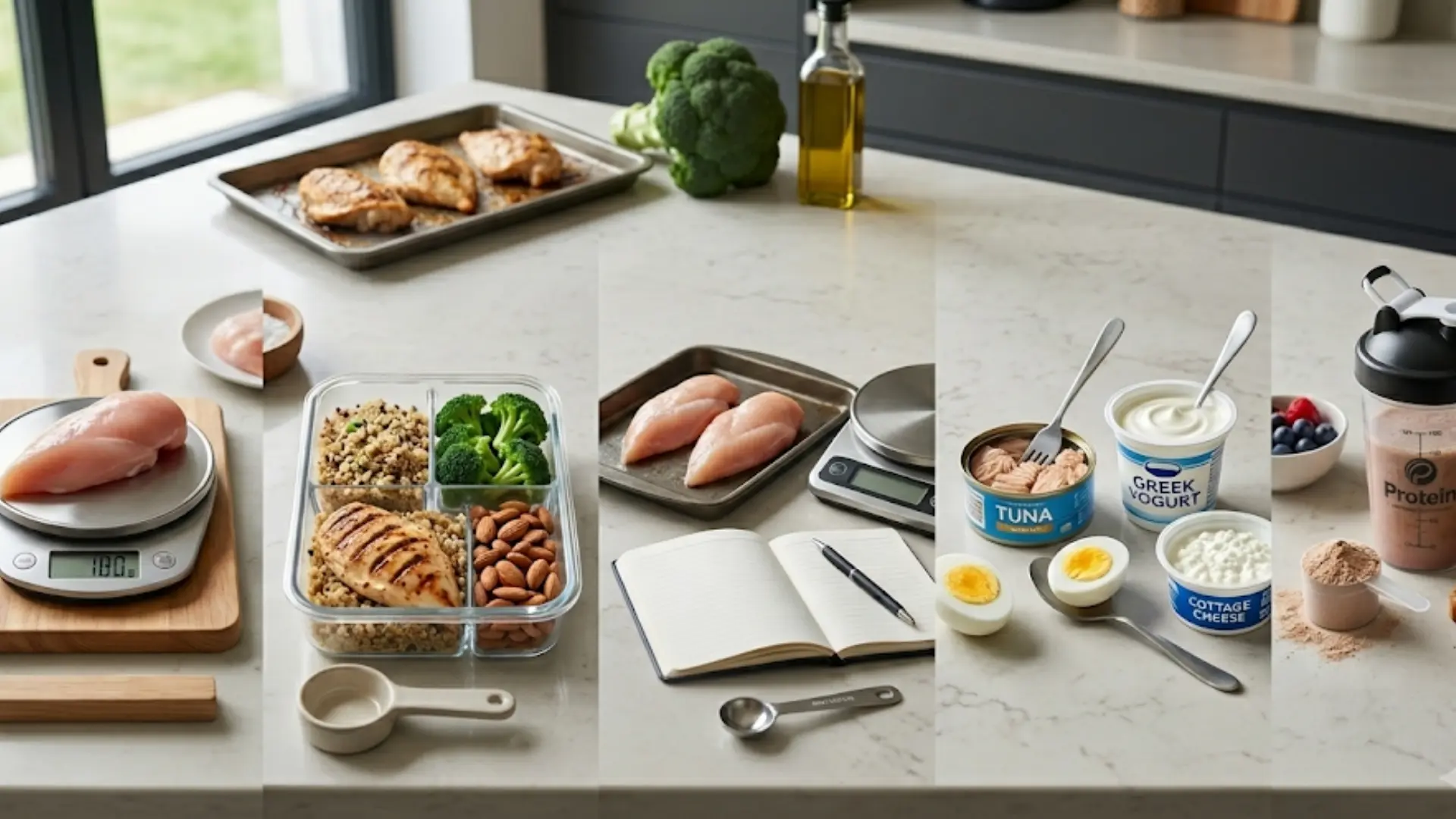 five-panel split image showing step-by-step protein meal prep, including weighing chicken, a prepped meal container, a food scale with a notebook, quick snacks like tuna and Greek yogurt