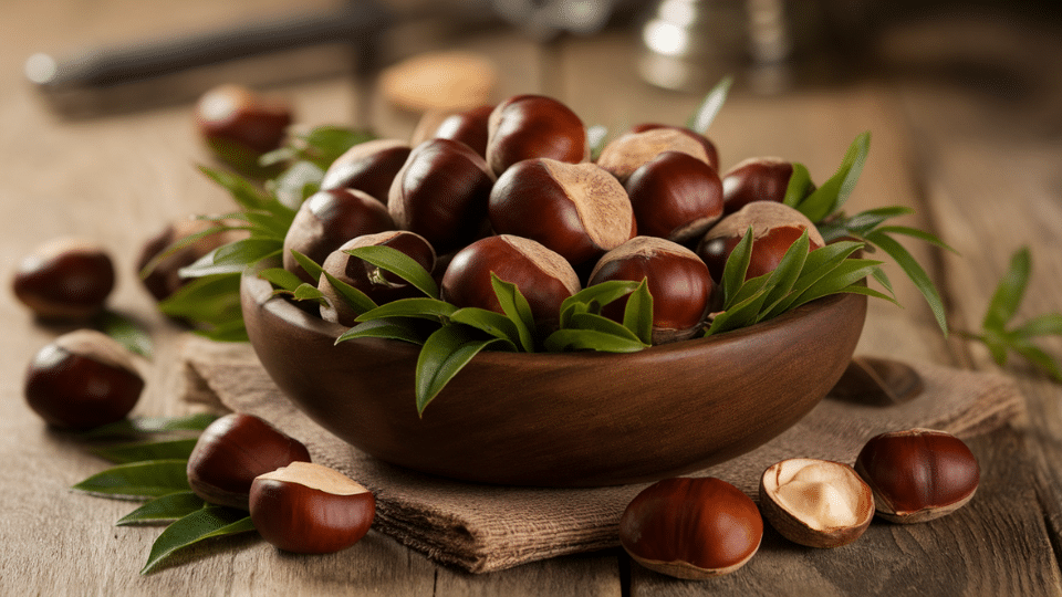 fresh chestnuts in wooden bowl with green leaves scattered on rustic table showcasing whole and cracked chestnut shells