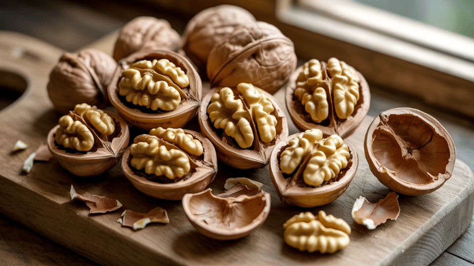 fresh walnuts cracked open on wooden cutting board showing whole kernels and empty shells in natural light