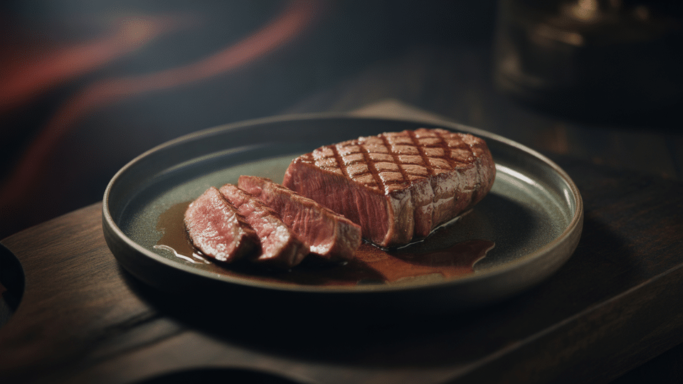 grilled medium rare flank steak sliced and arranged on a dark green ceramic plate placed on a wooden board