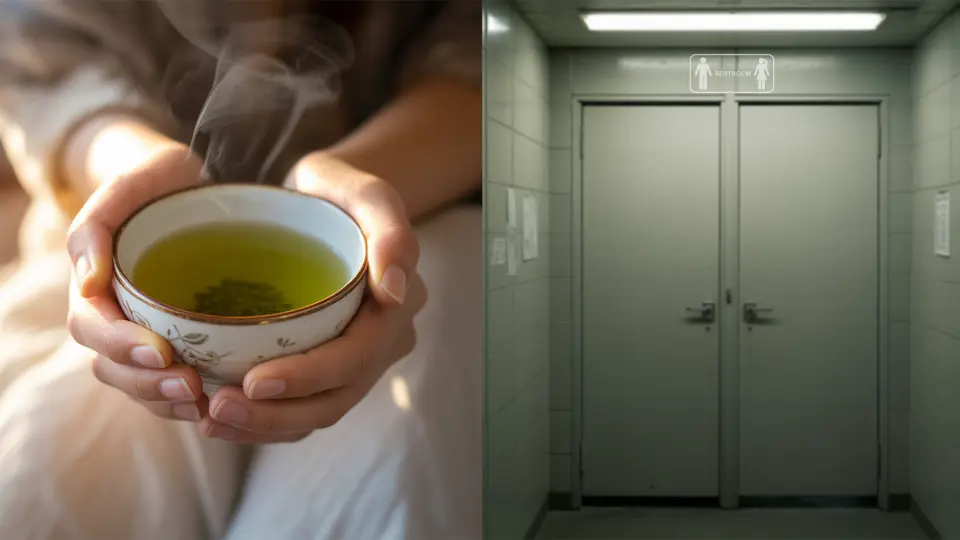 hands holding a warm cup of green tea beside a quiet restroom scene showing its gentle link to digestion