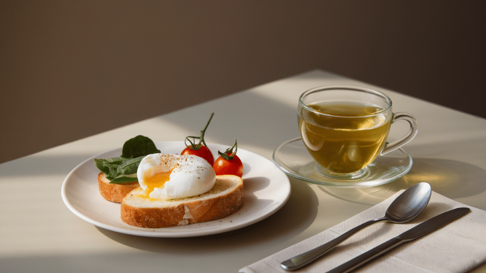 lass cup of green tea on a white table next to a poached egg on toast with cherry tomatoes and utensils