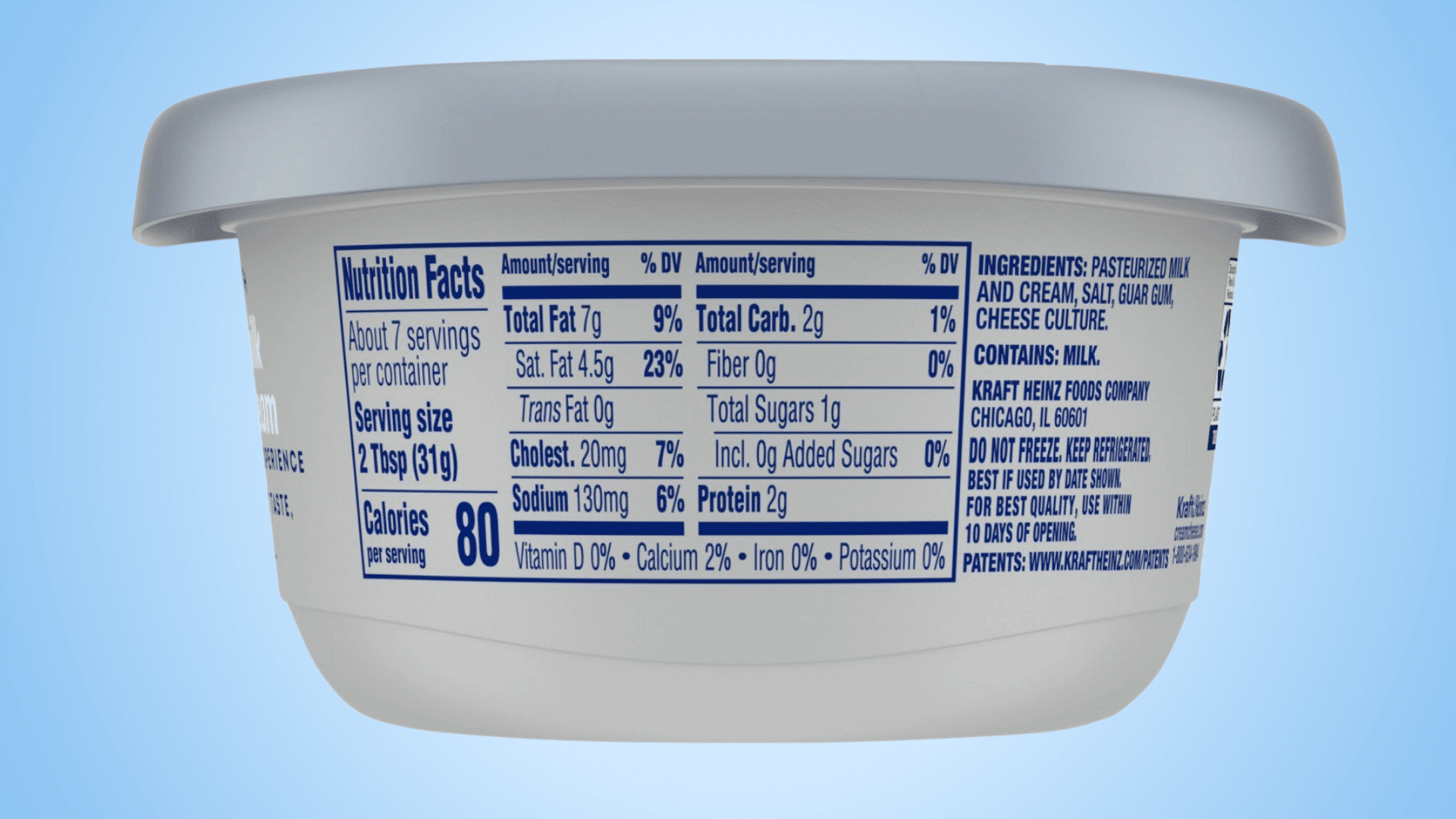 nutrition facts label on a cream cheese container showing serving size carbs calories ingredients and nutrition values