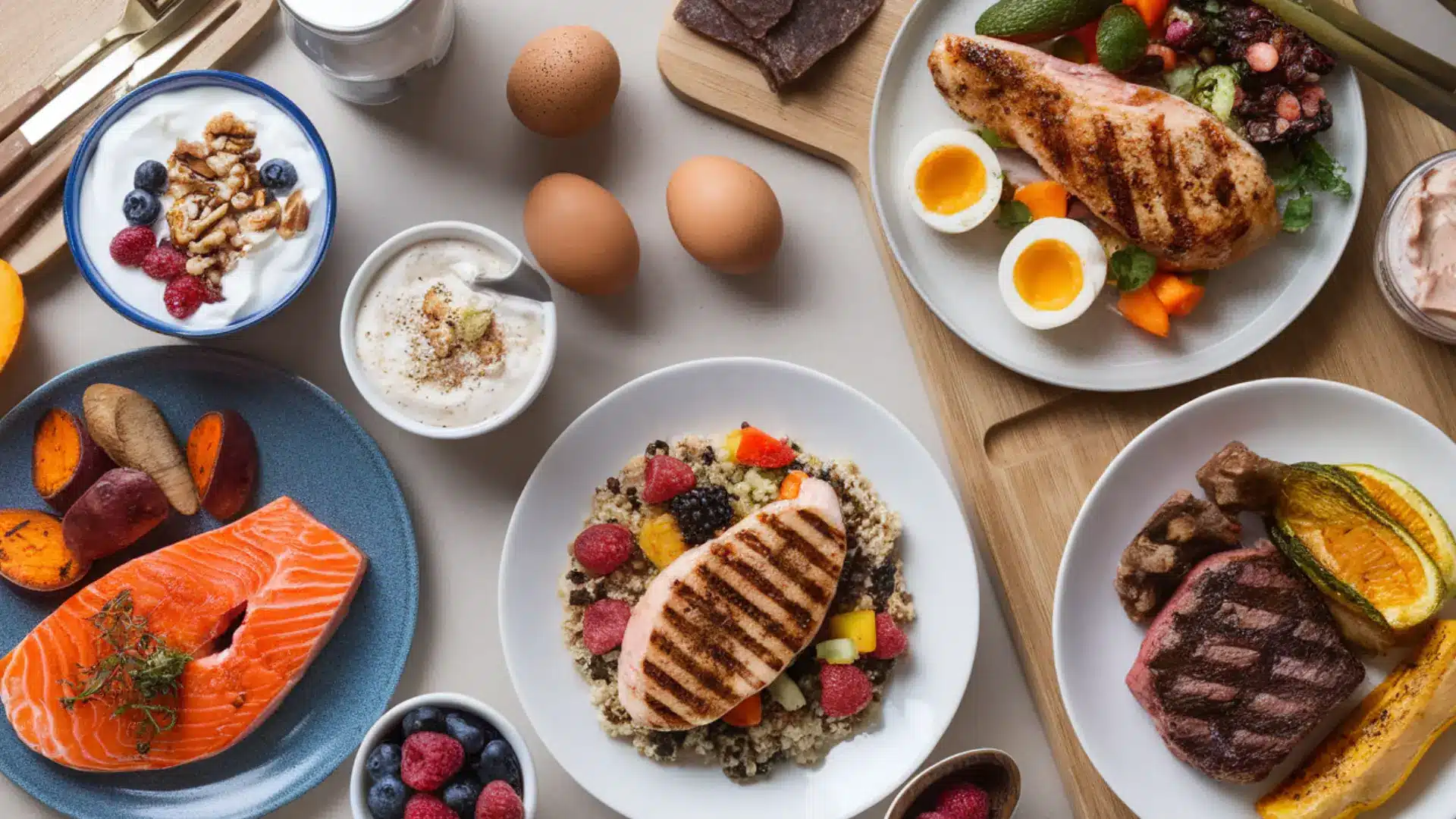 omnivore 200 gram protein meal plan structured across breakfast lunch dinner and snacks using chicken eggs dairy and beef sources