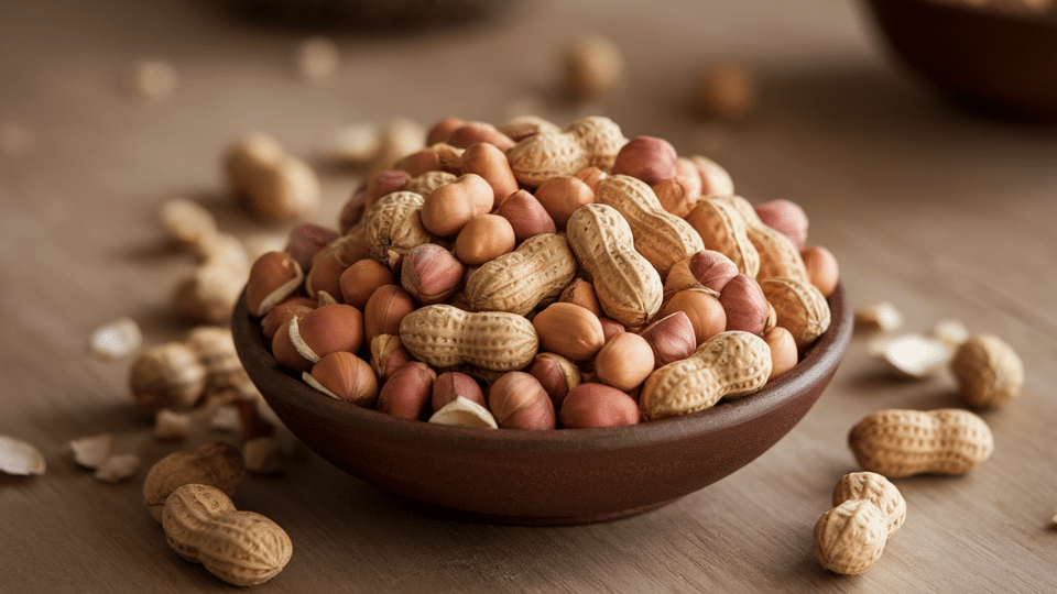 peanuts in shells and shelled peanuts piled high in brown wooden bowl on natural wooden surface with scattered nuts around