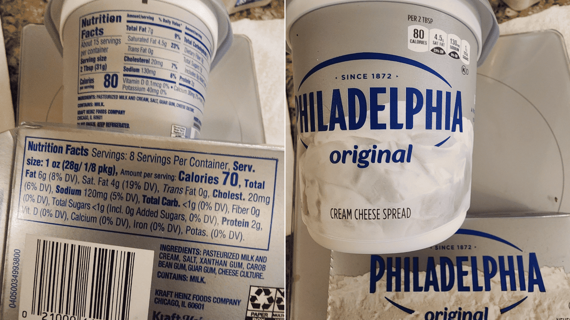philadelphia original cream cheese container with front packaging and nutrition facts label shown side by side