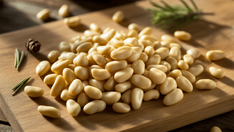 pile of pine nuts scattered on wooden cutting board with fresh rosemary sprigs and pine cone nearby