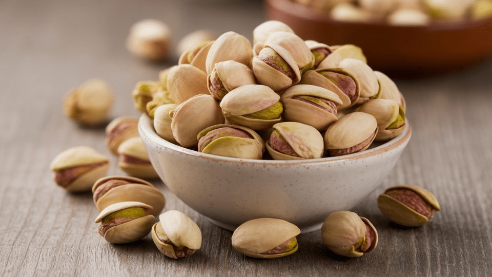 pistachios with shells opened showing green kernels inside piled in ceramic bowl on gray wooden table with scattered nuts