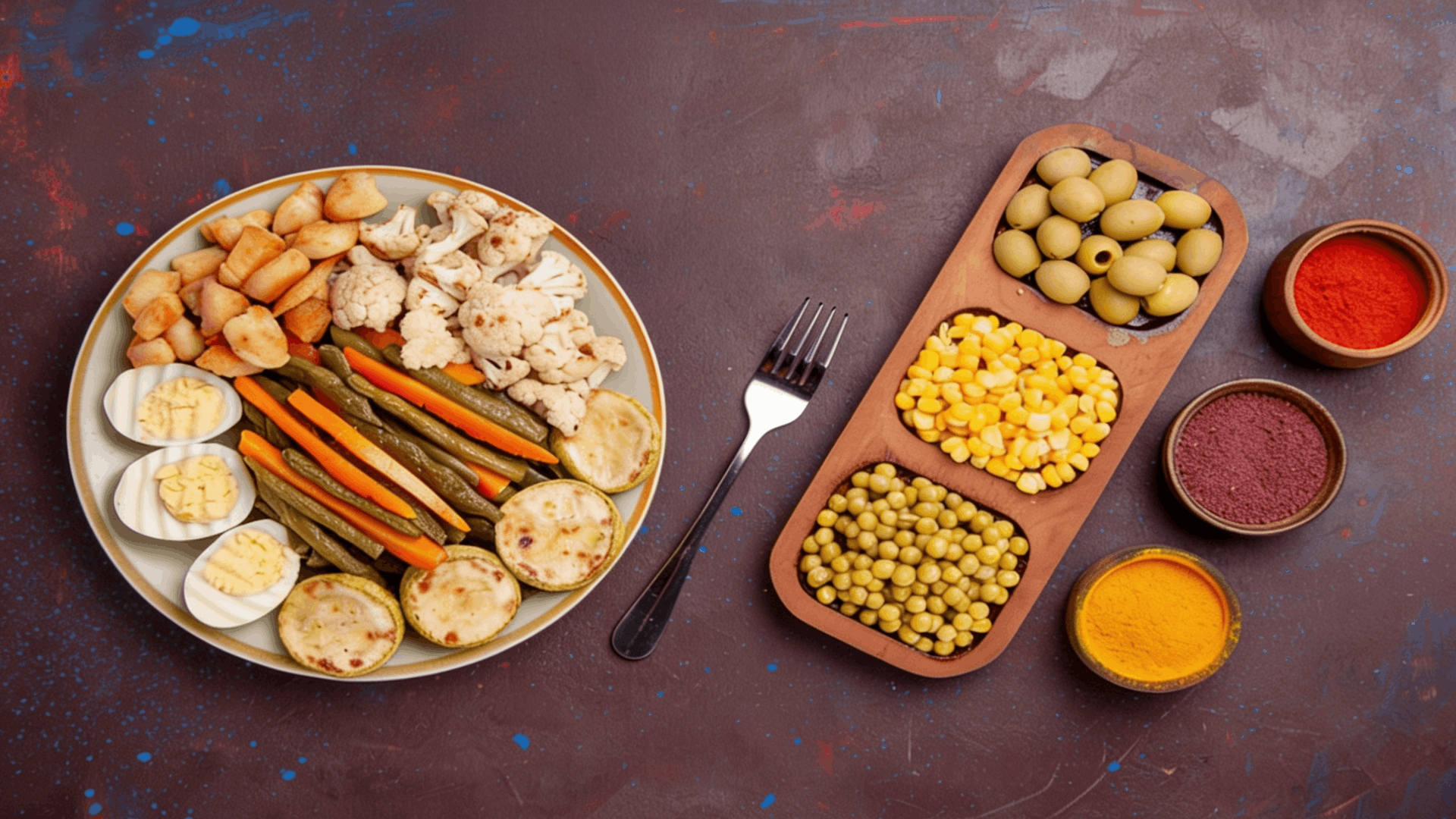 protein rich meal with boiled eggs mixed vegetables green olives peas and corn served on a plate