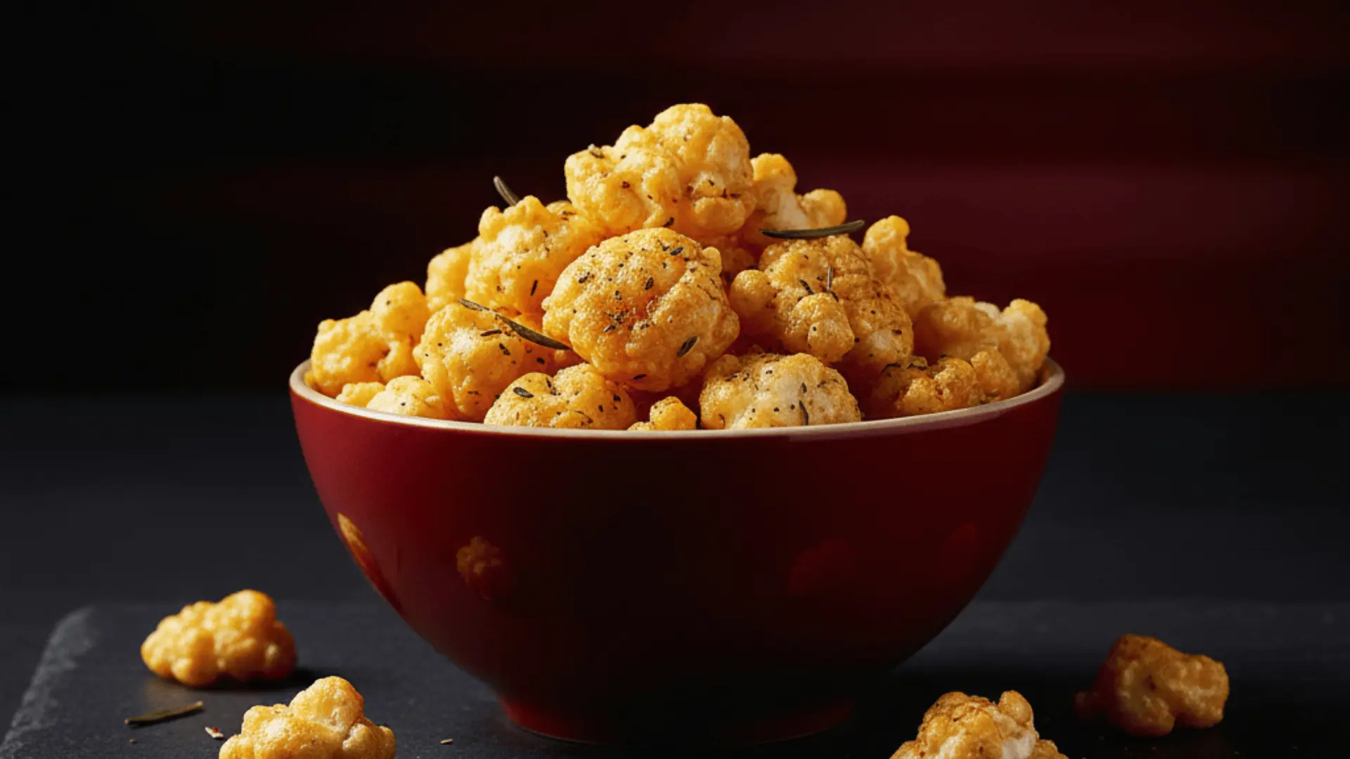 Bowl of seasoned popcorn with herbs and spices on a dark surface.