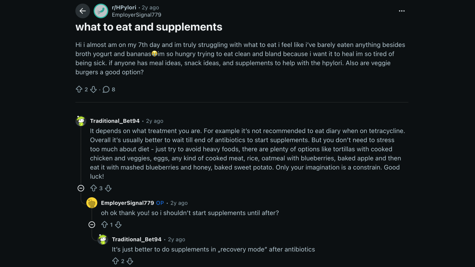 reddit users discussing stomach friendly meal ideas during h pylori treatment