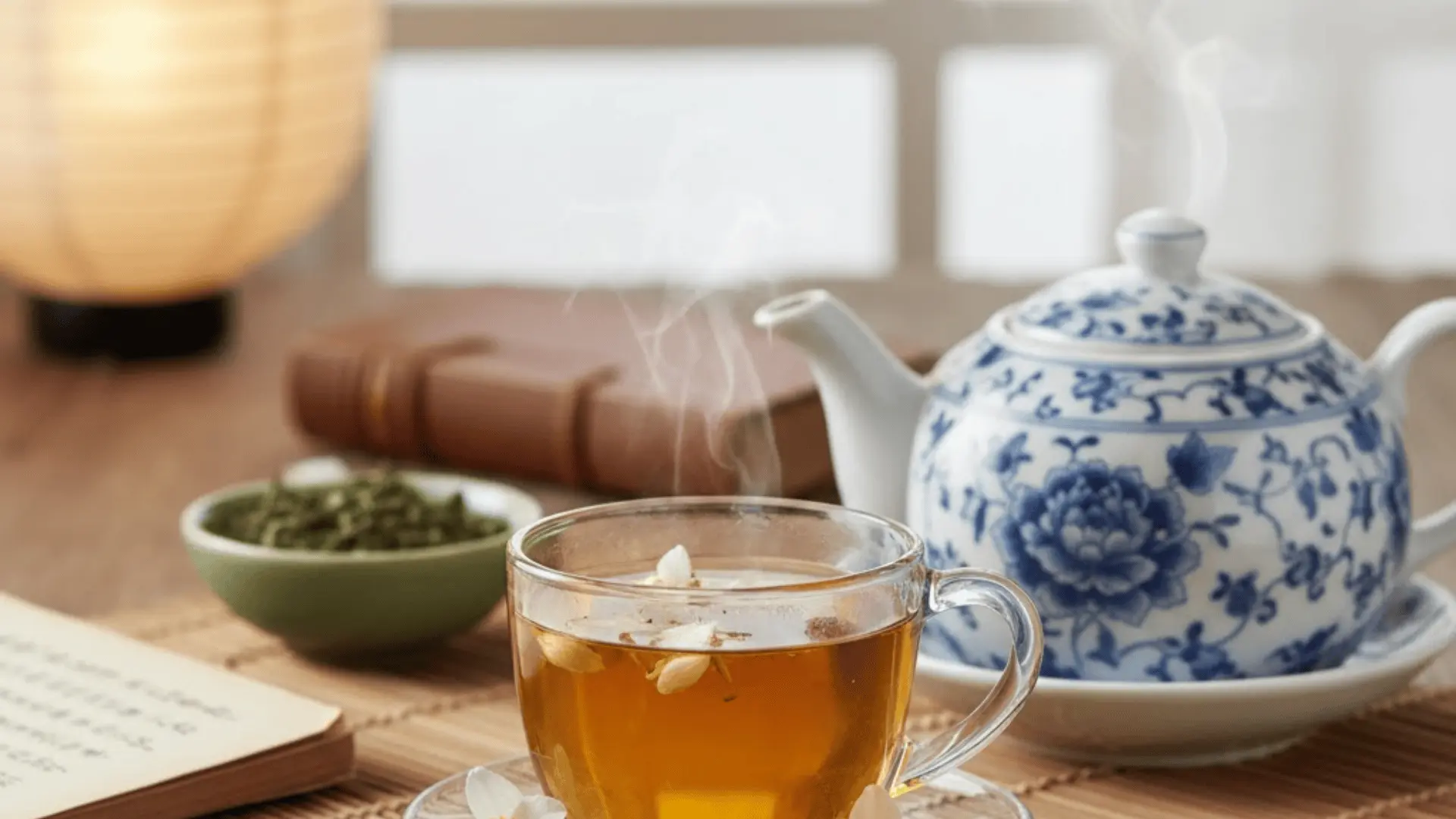 traditional tea setup with porcelain teapot cup and loose tea leaves arranged on wooden table showing calm brewing atmosphere scene