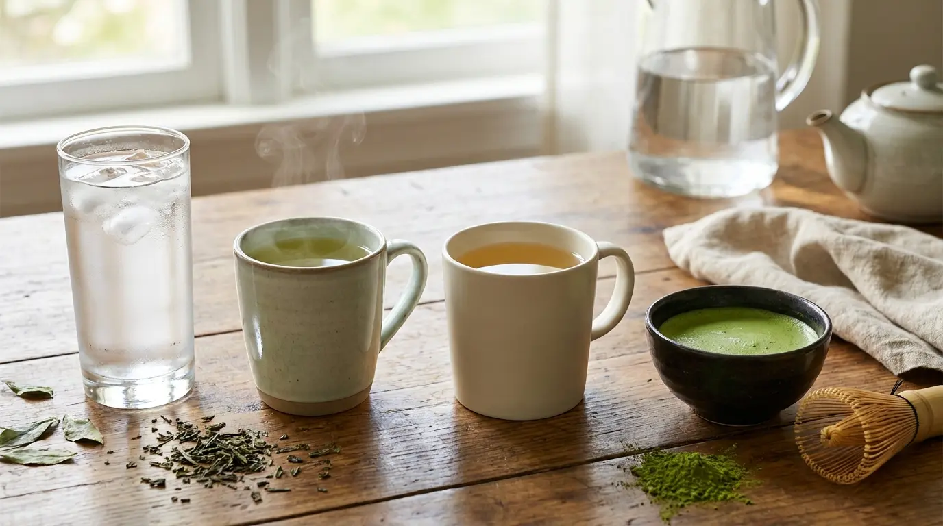 water green tea decaf green tea and matcha drinks on a sunlit table for hydration comparison