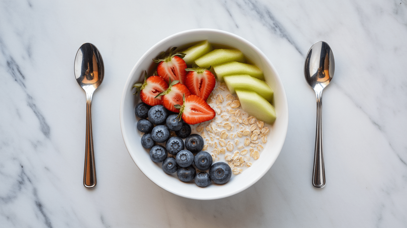 white bowl of oatmeal topped with sliced strawberries, blueberries and green apple slices on marble with two spoons