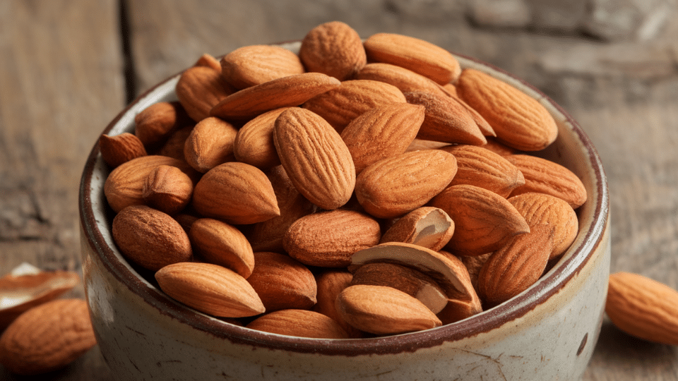 whole almonds filling rustic ceramic bowl with natural brown skins and some split almonds on weathered wooden background Reply