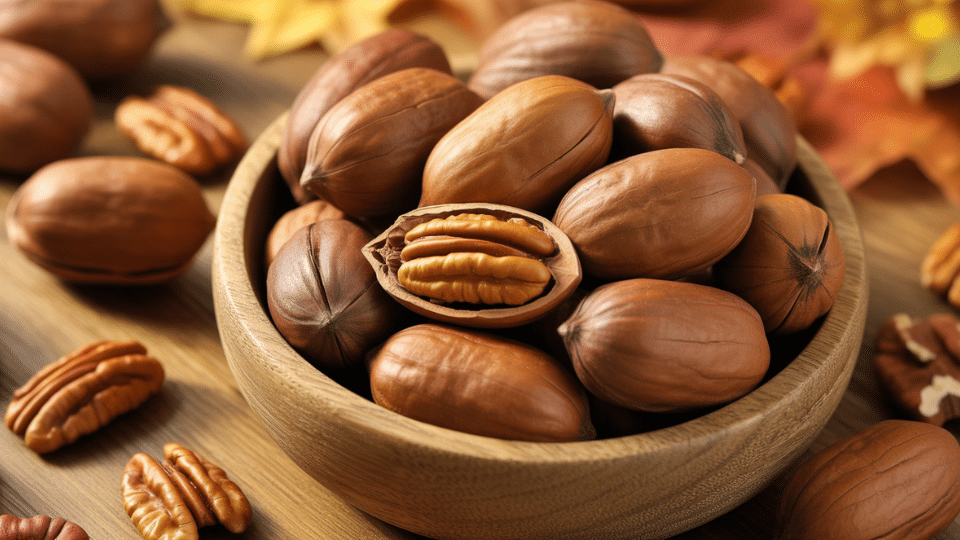 whole pecans in wooden bowl with cracked shell revealing golden kernels on wooden surface background