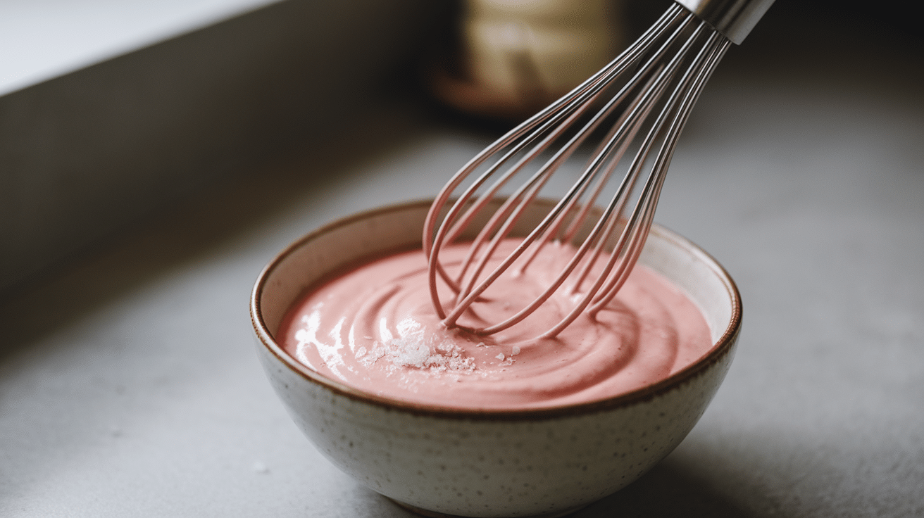wire whisk stirring smooth pink yum yum sauce in a ceramic bowl on a white kitchen counter during preparation