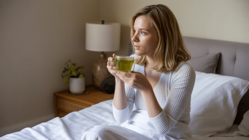 woman in white textured top sitting on bed holding clear glass cup of brewed green tea in bright bedroom