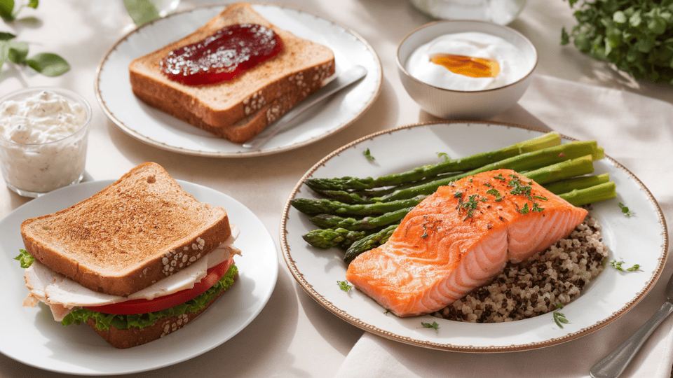 A balanced Day 3 meal plan with whole grain toast, turkey sandwich, baked salmon, and Greek yogurt with honey