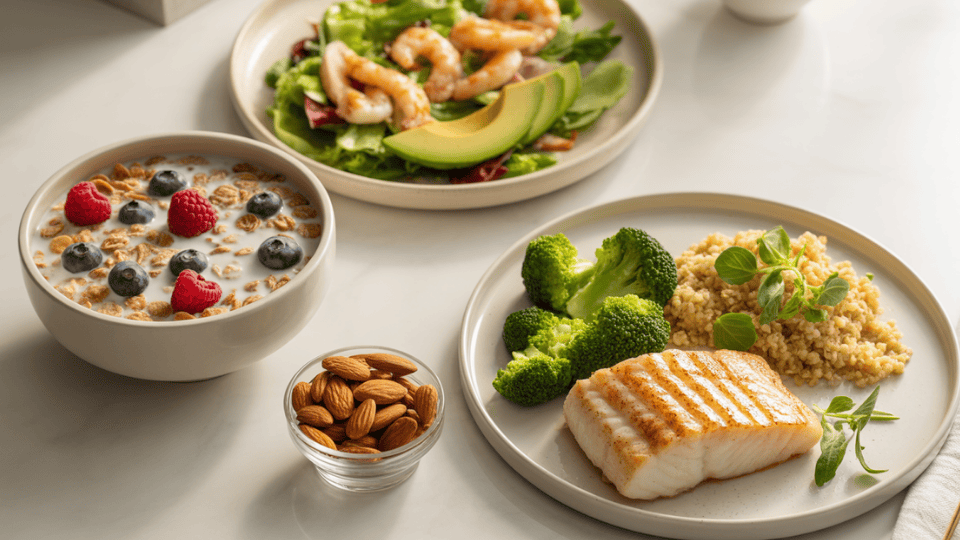 Day 5 meal plan with whole grain cereal, grilled shrimp salad, white fish with quinoa, and unsalted almonds