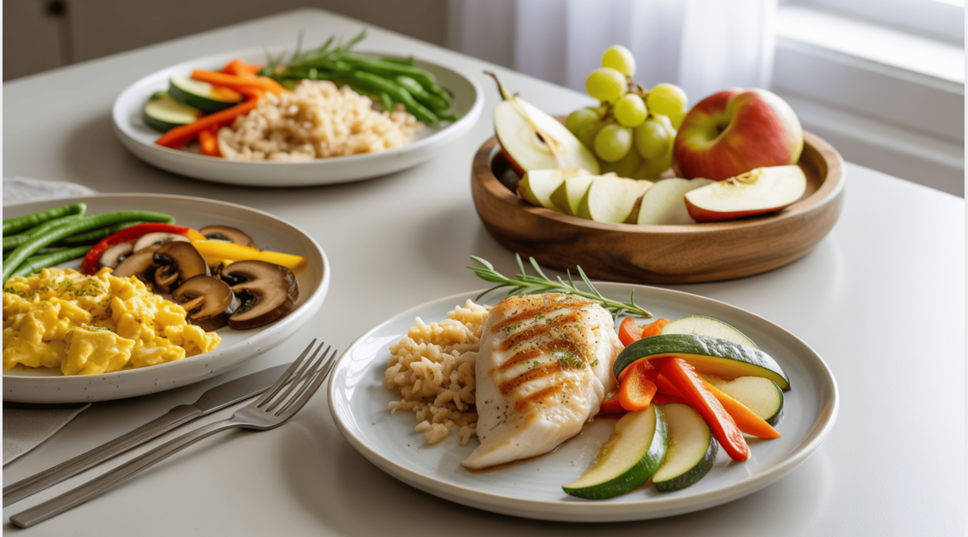 Day 6 meal plan with scrambled egg whites, grilled chicken with rice, baked tilapia, and mixed fruit