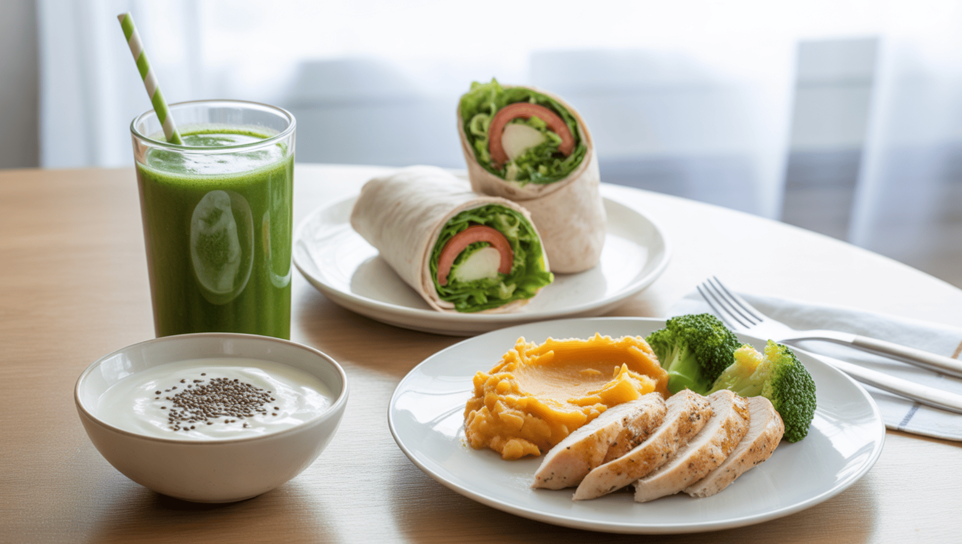 Day 7 meal plan with smoothie, turkey wrap, steamed chicken with sweet potatoes, and Greek yogurt with chia seeds