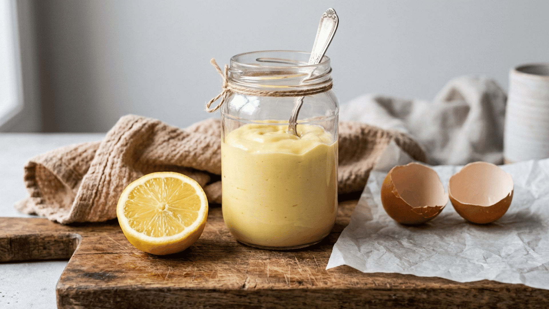 Homemade keto mayonnaise in a glass jar with lemon slices and eggs on a rustic kitchen countertop
