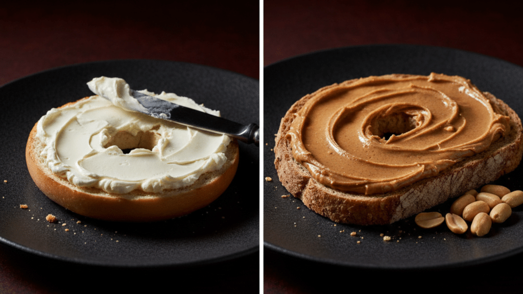 a bagel spread with cream cheese and a slice of peanut butter toast with whole peanuts